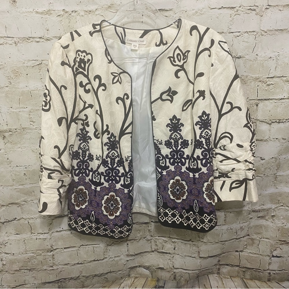 Coldwater Creek Ivory Purple Floral Beaded Ruched 3/4 Sleeve Jacket
